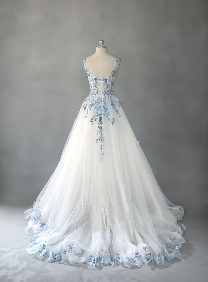 Blue Floral Lace Wedding Dress