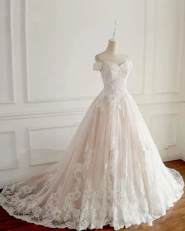 Blush Lace Ball Gown Wedding Dress with Off Shoulder Neck G8027