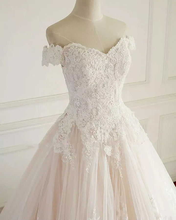 Blush Lace Ball Gown Wedding Dress with Off Shoulder Neck G8027