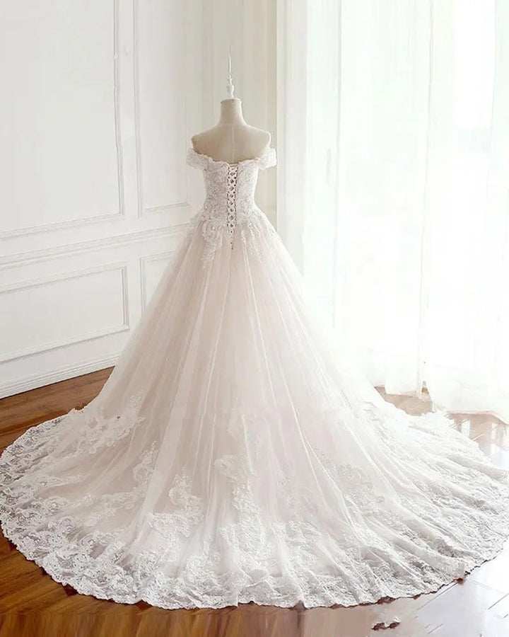Blush Lace Ball Gown Wedding Dress with Off Shoulder Neck G8027