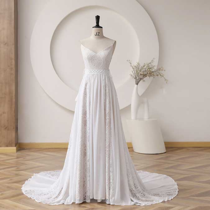 Champagne Boho Lace Wedding Dress with Open Back ET3053 JoJo Bridal Shop Champagne Boho Lace Wedding Dress with Open Back ET3053 JoJo Bridal Shop