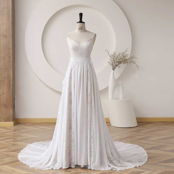 Champagne Boho Lace Wedding Dress with Open Back ET3053