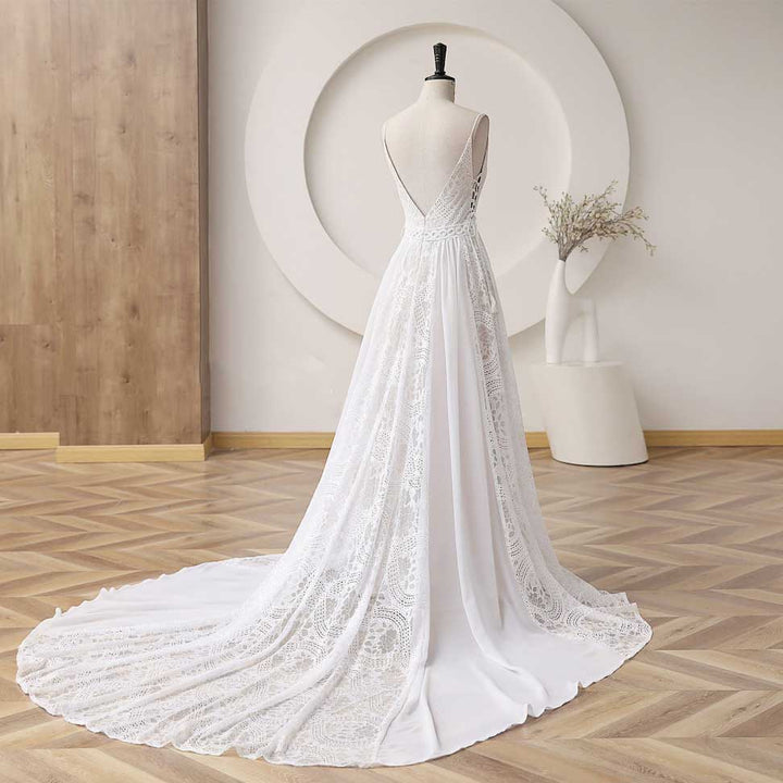 Champagne Boho Lace Wedding Dress with Open Back ET3053 JoJo Bridal Shop Champagne Boho Lace Wedding Dress with Open Back ET3053 JoJo Bridal Shop