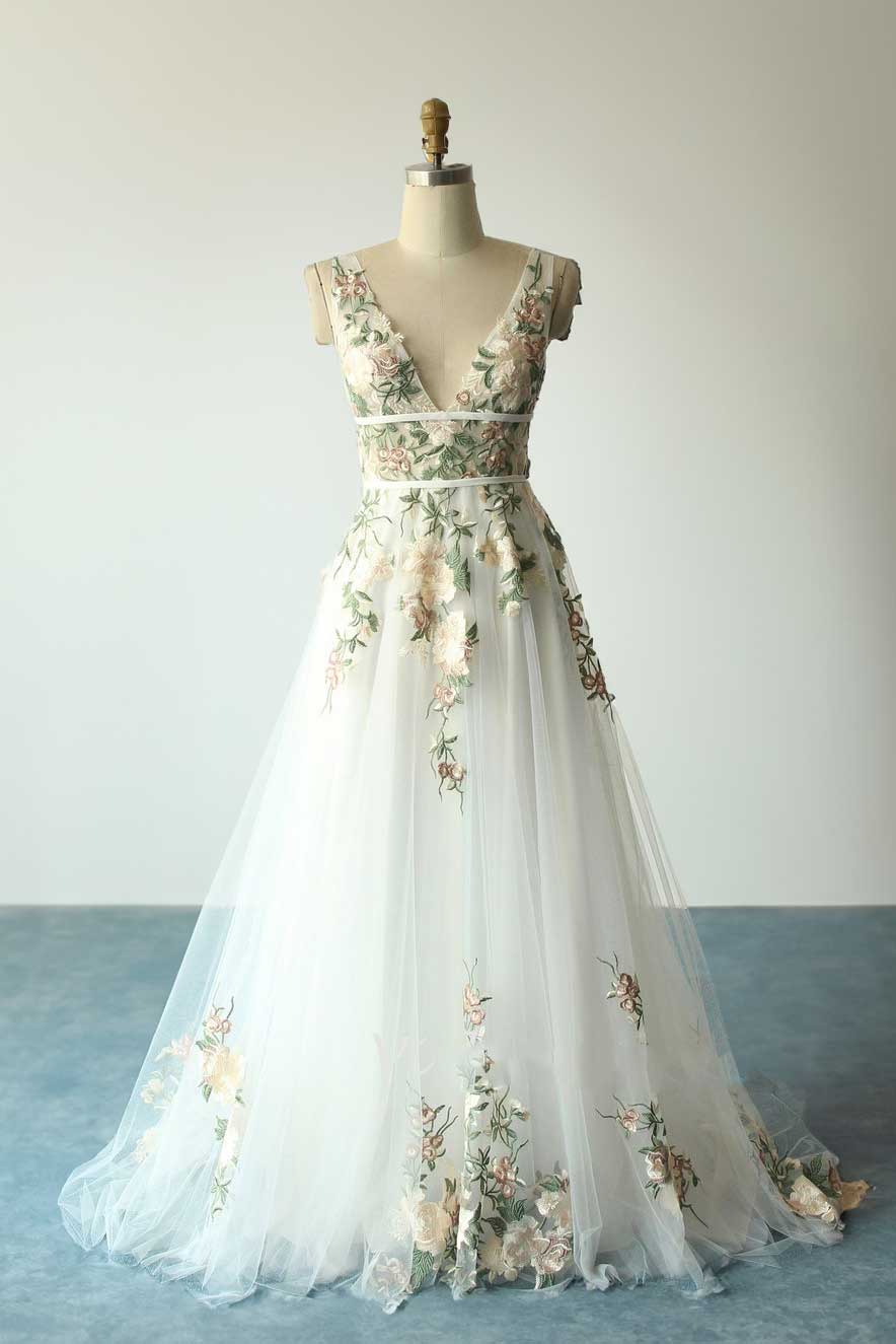 Boho Color Floral Lace Wedding Dress with Dual Waist Band