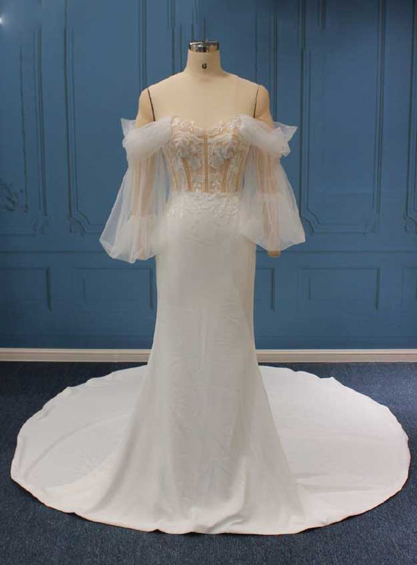 Boho Lace Wedding Dress with Strapless Neckline and Crepe Skirt LE2001