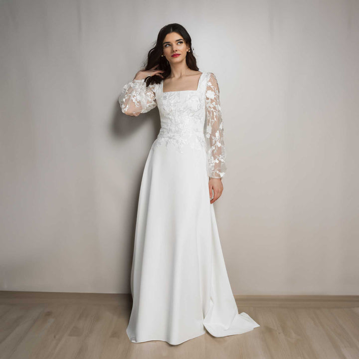 Boho Lace Long Sleeves Wedding Dress with Square Neckline ET3076 JoJo Bridal Shop Boho Lace Long Sleeves Wedding Dress with Square Neckline ET3076 JoJo Bridal Shop