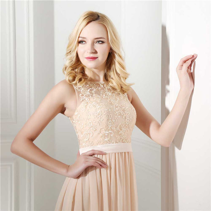 Champagne Maxi Lace Chiffon Bridesmaid Dress EN502