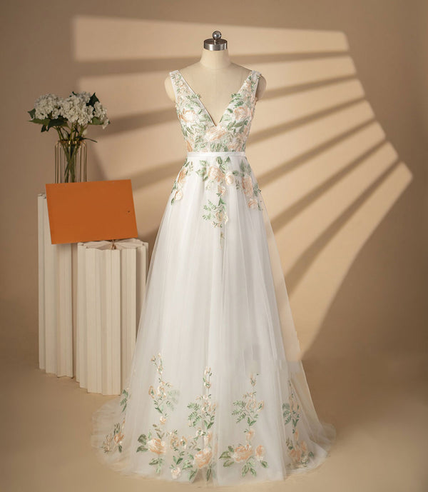 Color Floral Wedding Dress with V Neck and Open Back ET3064