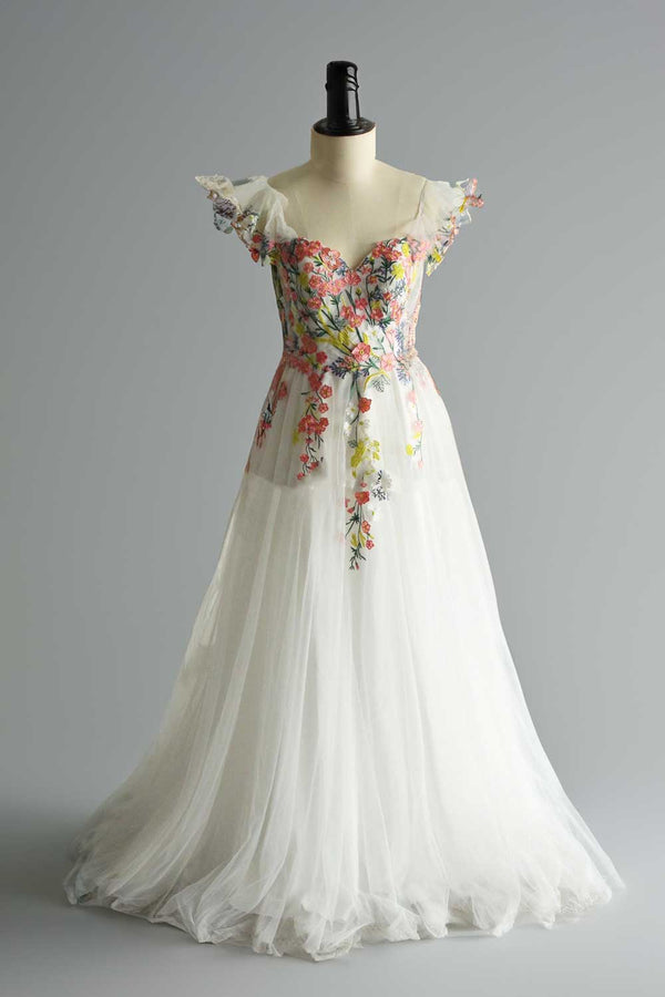 Color Floral Embroidery Wedding Dress with Short Butterfly Sleeves ET3065