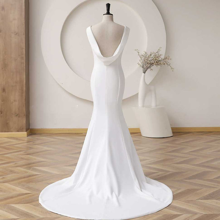 Elegant Minimalist Crepe Fit and Flare Wedding Dress with Cowl Back ET JoJo Bridal Shop Elegant Minimalist Crepe Fit and Flare Wedding Dress with Cowl Back ET JoJo Bridal Shop