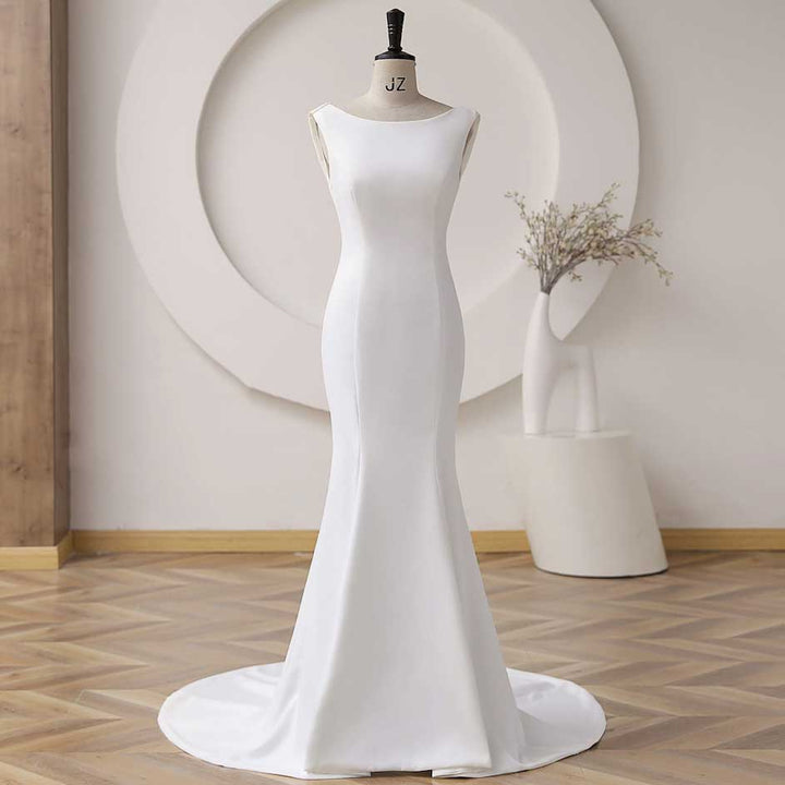 Elegant Minimalist Crepe Fit and Flare Wedding Dress with Cowl Back ET3060