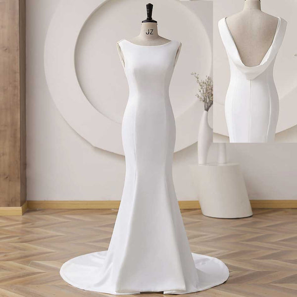 Elegant Minimalist Crepe Fit and Flare Wedding Dress with Cowl Back ET3060