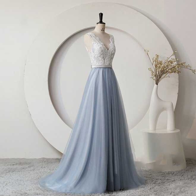 Dusty Blue Boho Lace Wedding Dress with Tulle Skirt ET3062 JoJo Bridal Shop Dusty Blue Boho Lace Wedding Dress with Tulle Skirt ET3062 JoJo Bridal Shop