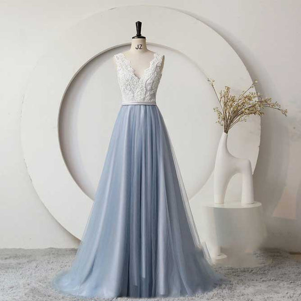 Dusty Blue Boho Lace Wedding Dress with Tulle Skirt ET3062