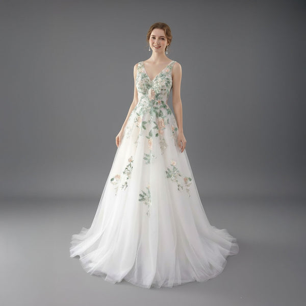 Floral Lace Wedding Dress with V Neck | ET3077