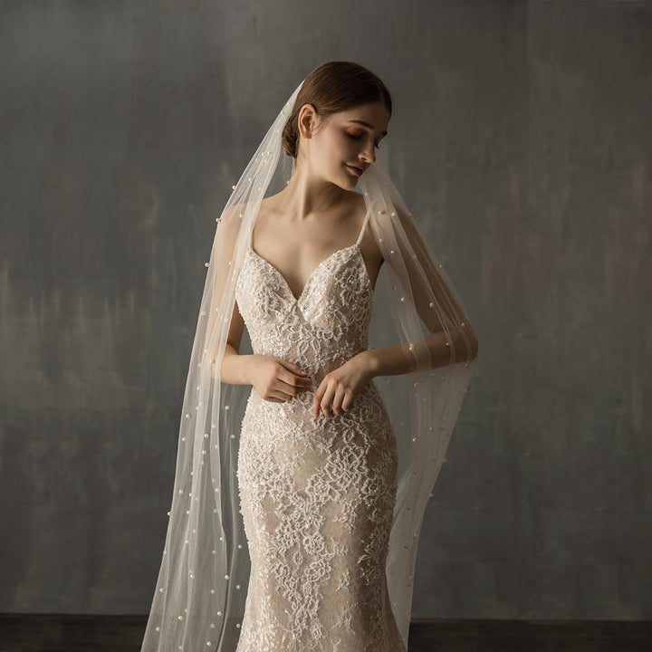 Long Cathedral and Chapel Length Veil with Pearl Accents EE883030