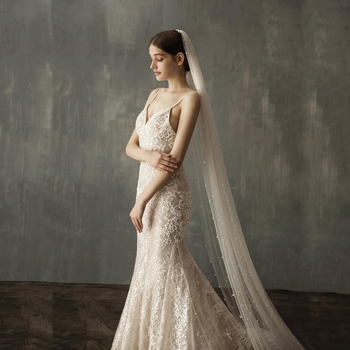 Long Cathedral and Chapel Length Veil with Pearl Accents EE883030