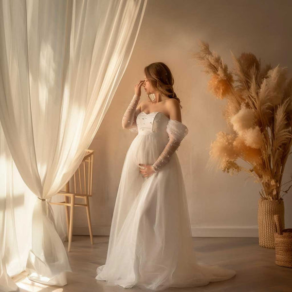 Maternity Wedding Dress with Tulle and Off Shoulder Sleeves | ET3080