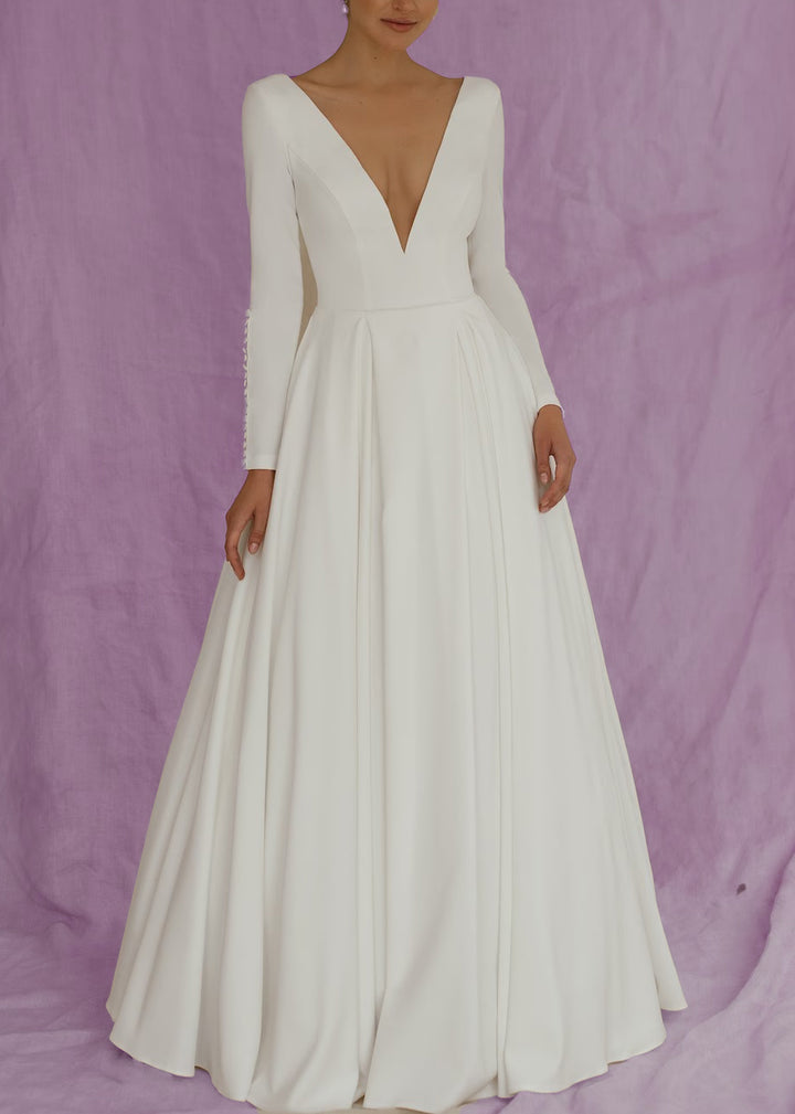 Simple Minimalist A-line Wedding Dress with Plunging Neckline ET3044 JoJo Bridal Shop Simple Minimalist A-line Wedding Dress with Plunging Neckline ET3044 JoJo Bridal Shop