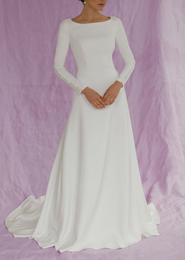 Minimalist Crepe Modest A-line Wedding Dress with Sleeve ET3046