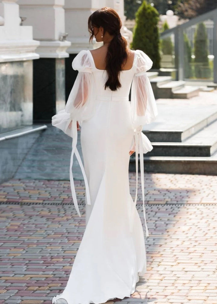 Simple Long Wedding Dress with Unique Bishop Sleeves ET3040
