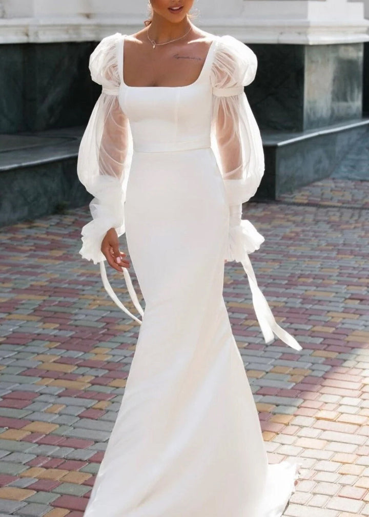 Simple Long Wedding Dress with Unique Bishop Sleeves ET3040 JoJo Bridal Shop Simple Long Wedding Dress with Unique Bishop Sleeves ET3040 JoJo Bridal Shop