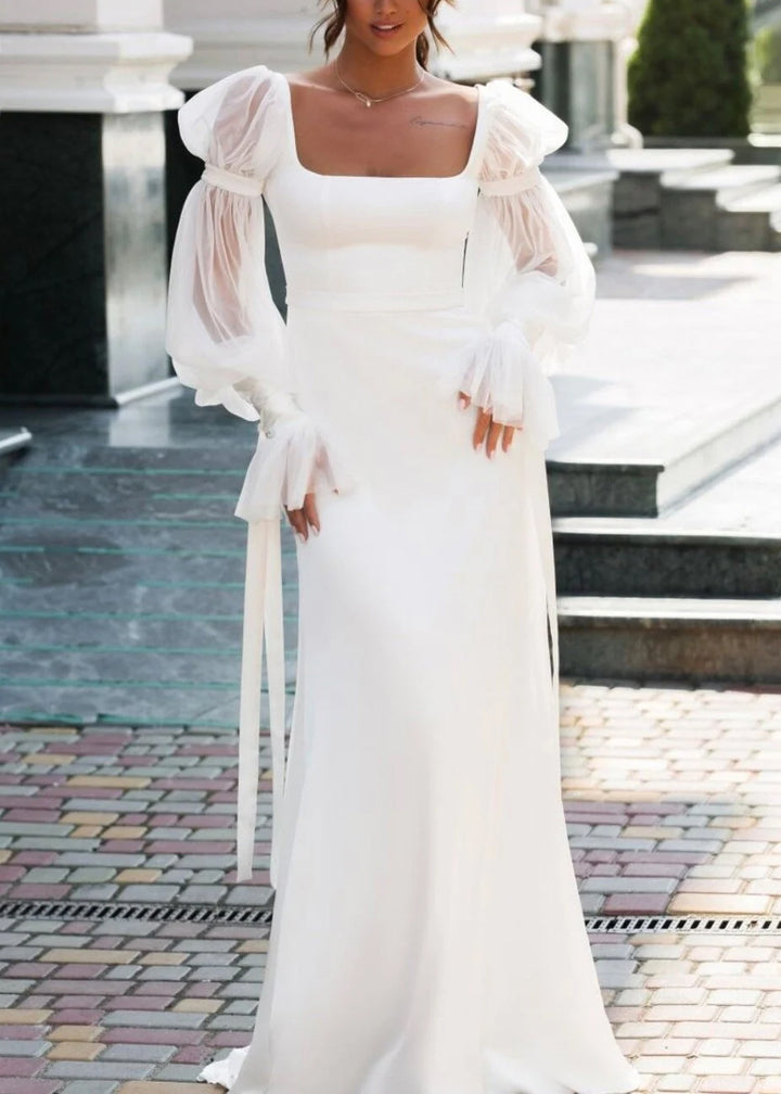Simple Long Wedding Dress with Unique Bishop Sleeves ET3040