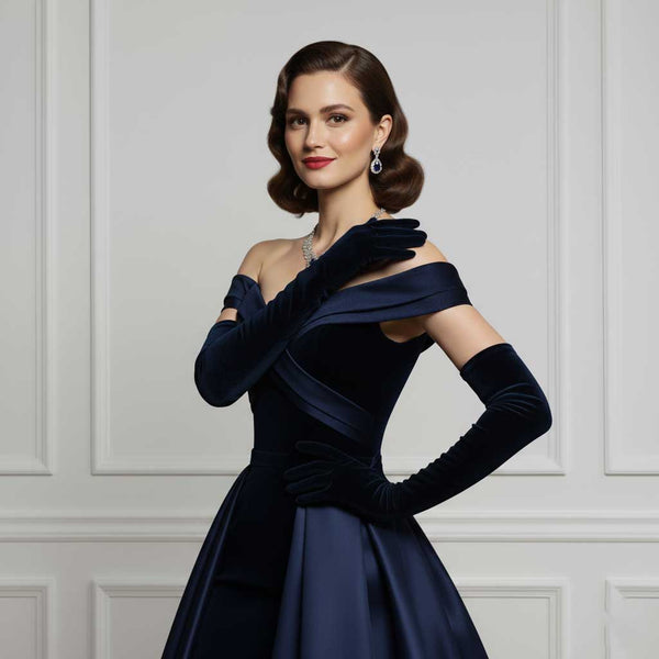 Navy Long Velvet Gloves for Opera, Formal, Black Tie Events