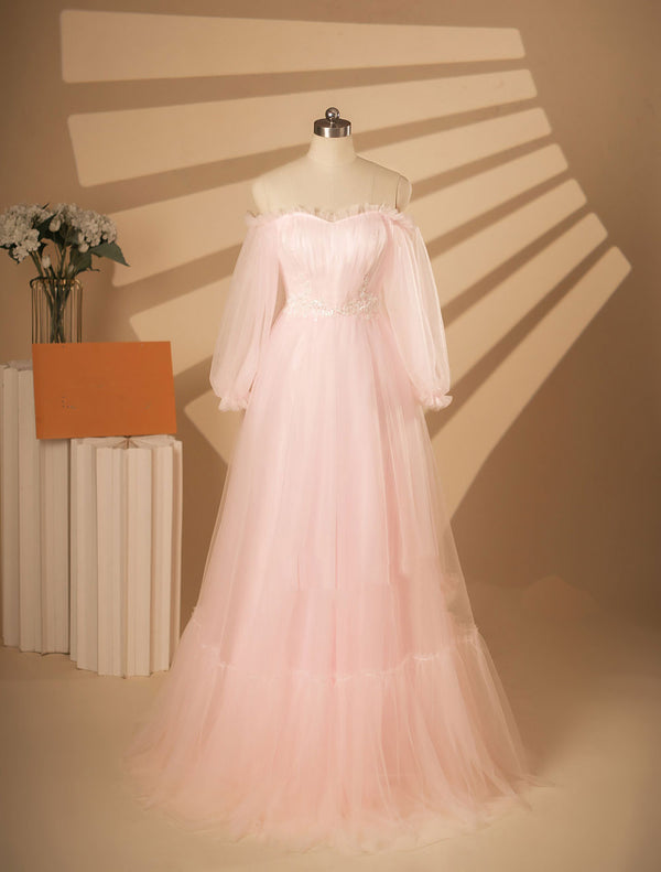 Pink Tulle Wedding Dress with Off Shoulder Long Sleeves ET3069