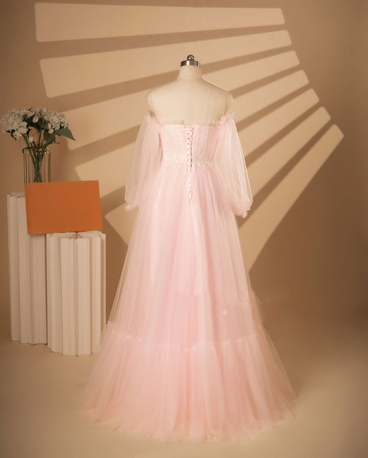 pink off the shoulder long sleeve dress Alita Baby Pink Off The Shoulder Long Sleeve Maxi Formal Dress - US 8