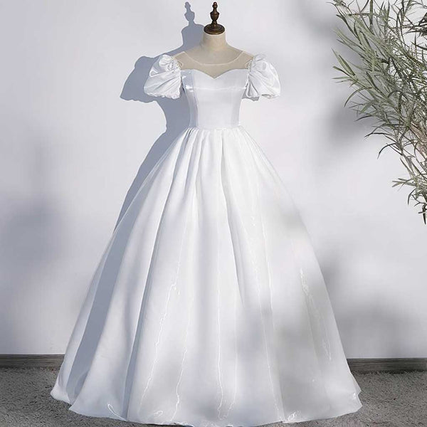 Crystal Satin Debutante Ball Gown Wedding Dress with Puff Sleeves | ET3082