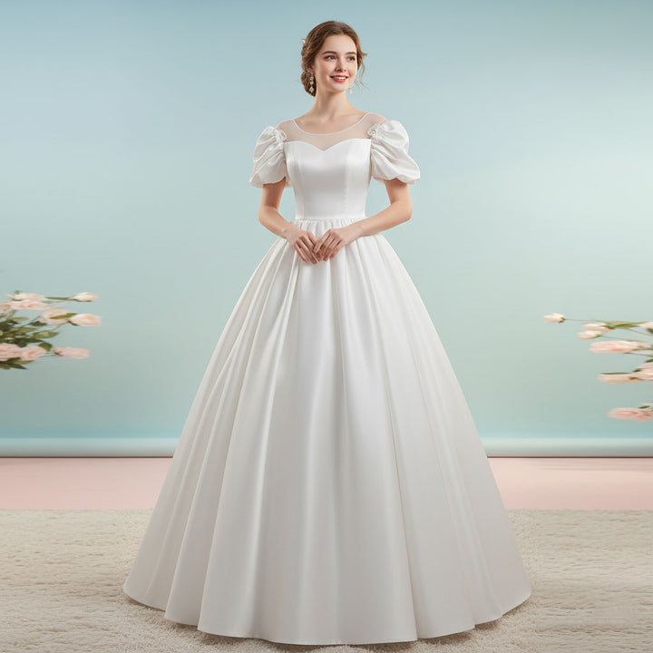 Crystal Satin Debutante Ball Gown Wedding Dress with Puff Sleeves | ET JoJo Bridal Shop Crystal Satin Debutante Ball Gown Wedding Dress with Puff Sleeves | ET JoJo Bridal Shop
