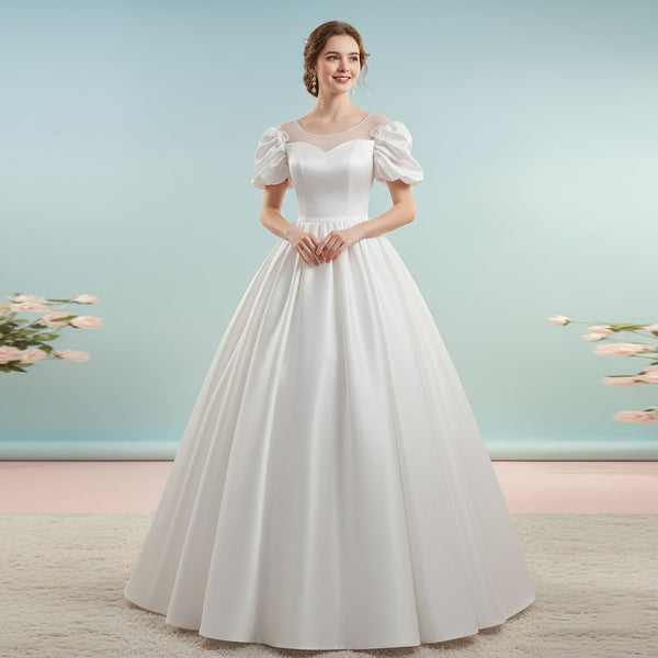 Crystal Satin Debutante Ball Gown Wedding Dress with Puff Sleeves | ET3082