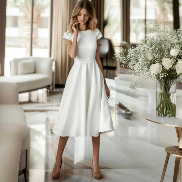 Simple Clean Tea Length Wedding Dress ET3014