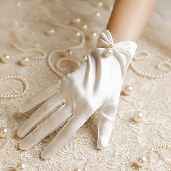 Short Ivory Satin Wedding Gloves with Pearl Accent