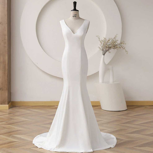 Simple Elegant Crepe Mermaid Wedding Dress with Open Back ET3054