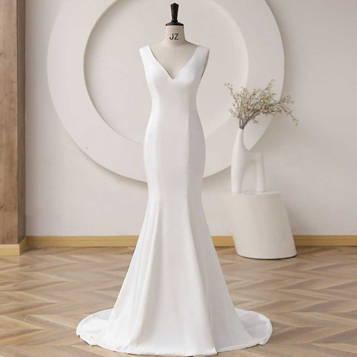 Simple Elegant Crepe Mermaid Wedding Dress with Open Back ET3054
