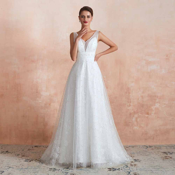Simple Boho Slim A-line Lace Wedding Dress with Pearls EN3413
