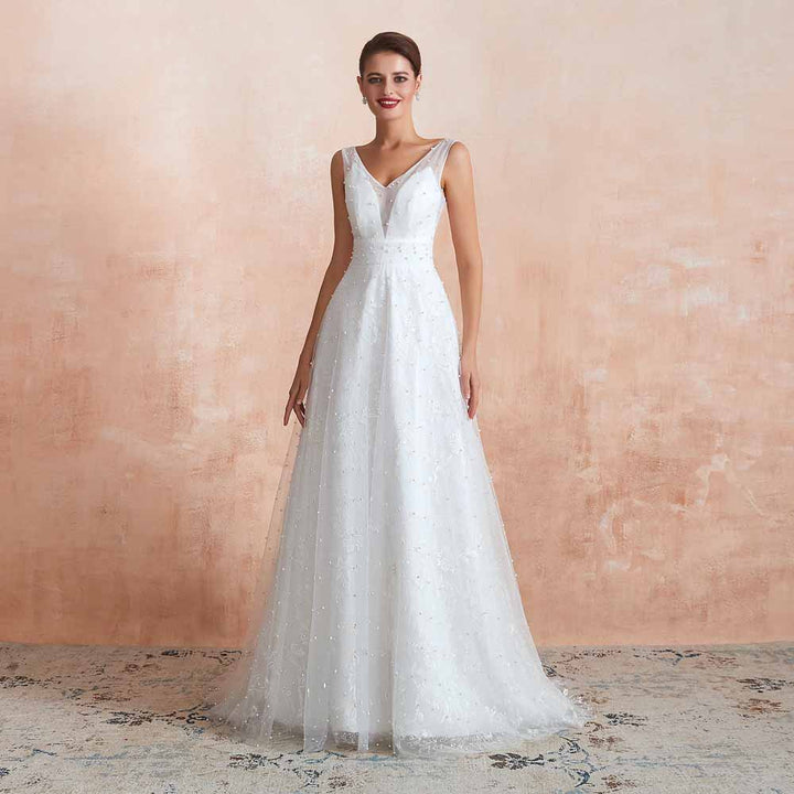 Simple Boho Slim A-line Lace Wedding Dress with Pearls EN3413