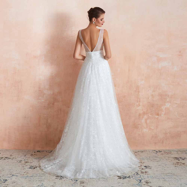 Simple Boho Slim A-line Lace Wedding Dress with Pearls EN3413
