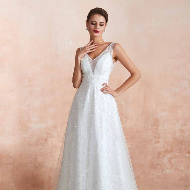 Simple Boho Slim A-line Lace Wedding Dress with Pearls EN3413