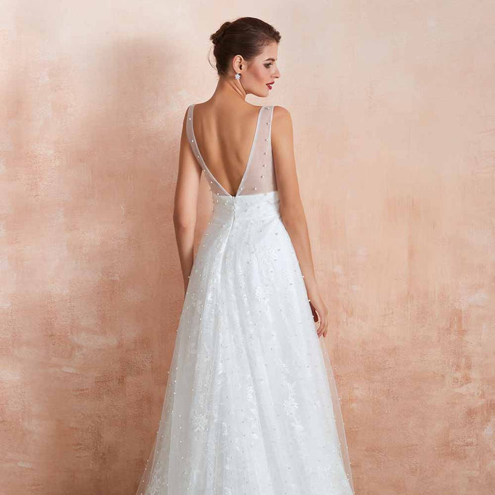 Simple Boho Slim A-line Lace Wedding Dress with Pearls EN3413