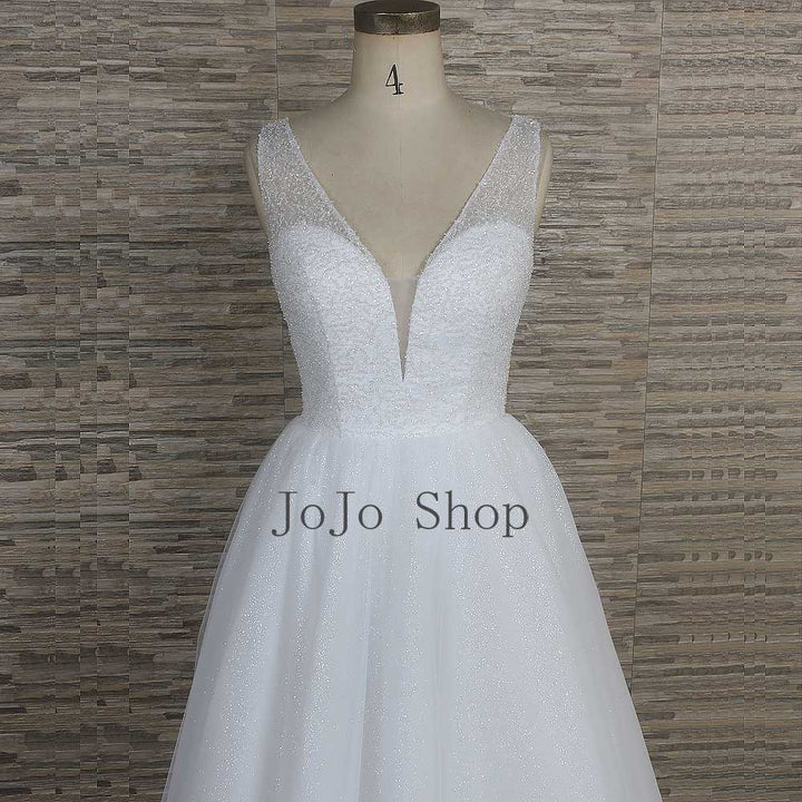 Sparkly Ball Gown Wedding Dress with V Neck QT1332