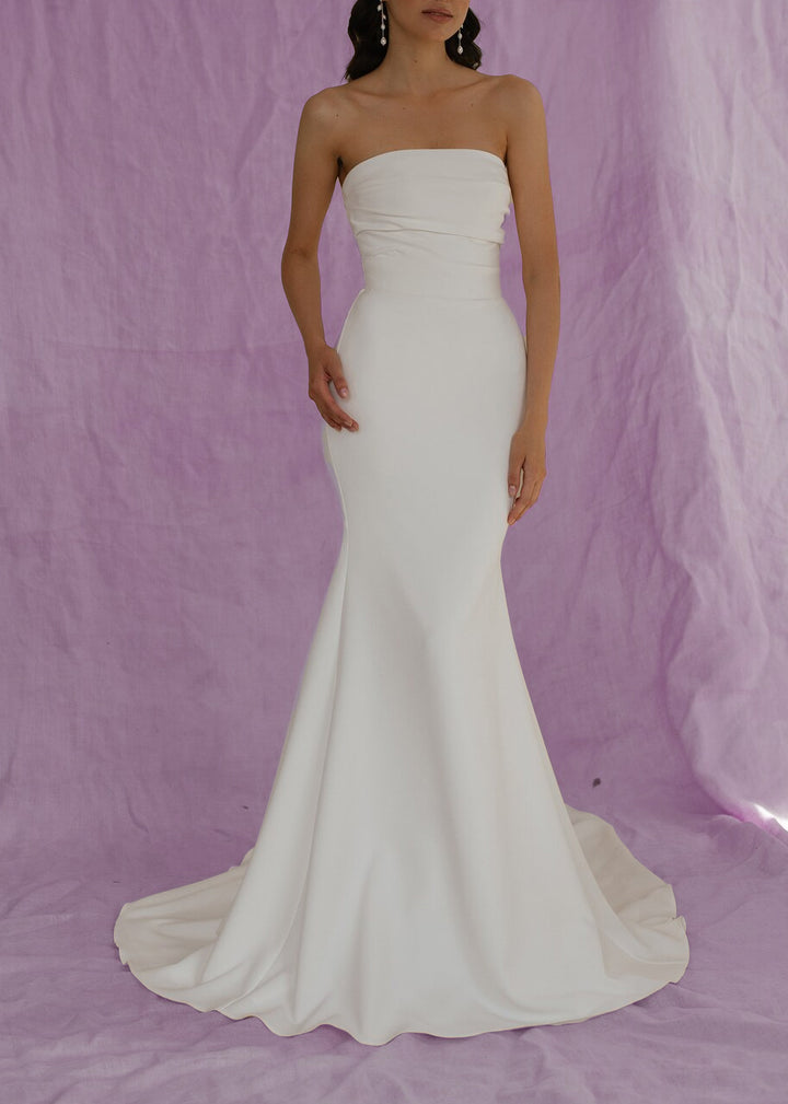 Elegant Strapless Crepe Fit and Flare Wedding Dress ET3045 JoJo Bridal Shop Elegant Strapless Crepe Fit and Flare Wedding Dress ET3045 JoJo Bridal Shop