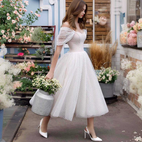 Short Tea Length Polka Dot Wedding Dress with Off Shoulder Sleeves ET3075