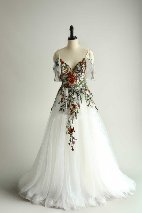 Color Floral Wedding Dress with Detachable Sleeves ET3066