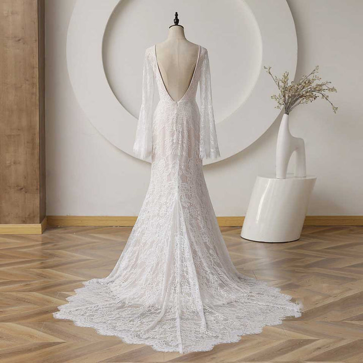 Vintage Lace Slim A-line Wedding Dress with Bell Sleeves ET3058