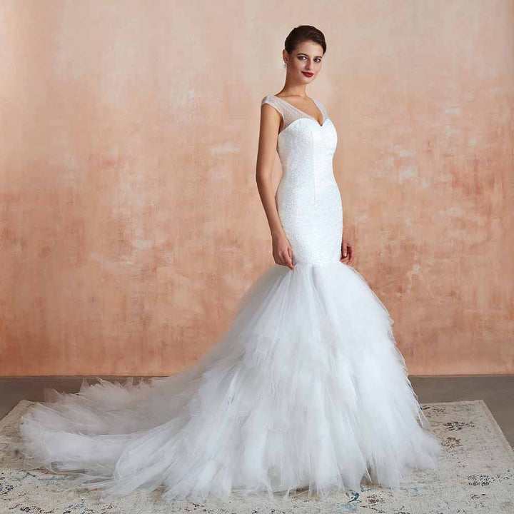 Vintage Sequins Lace Wedding Dress with Ruffle Skirt EN3412
