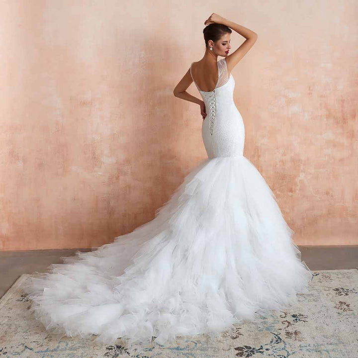 Vintage Sequins Lace Wedding Dress with Ruffle Skirt EN3412