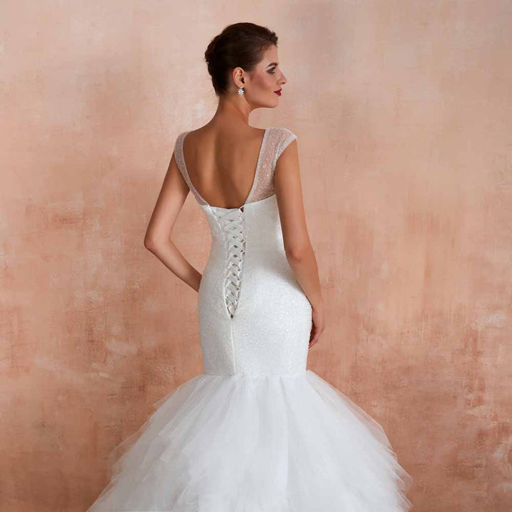 Vintage Sequins Lace Wedding Dress with Ruffle Skirt EN3412